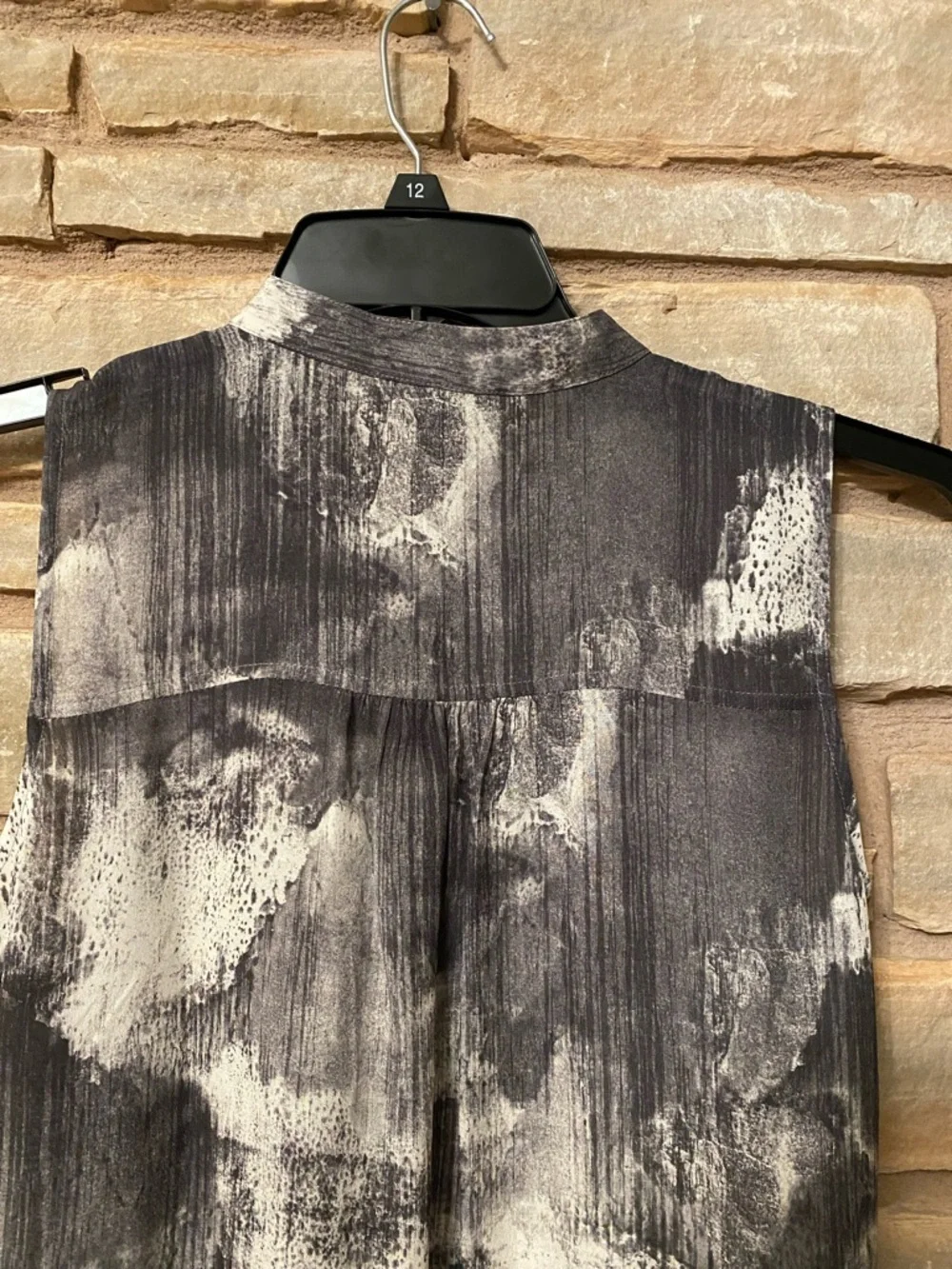 Eileen Fisher 100% Silk Ink Blot Print Tunic Top Sz XS Mandarin Collar Runs Big